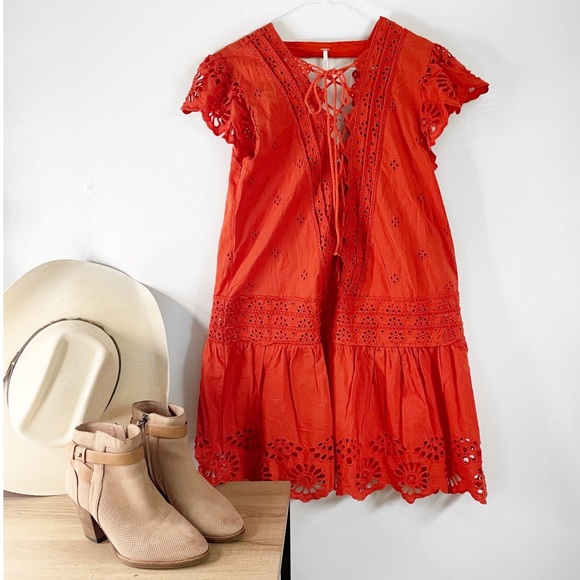 Free People Esperanza Orange Eyelet Mini Dress Size Small - Picture 2 of 15